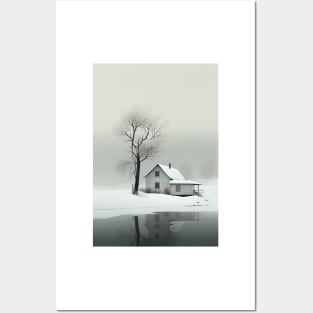 Scandi Winter Cottage with Tree Minimalist Art Print Posters and Art